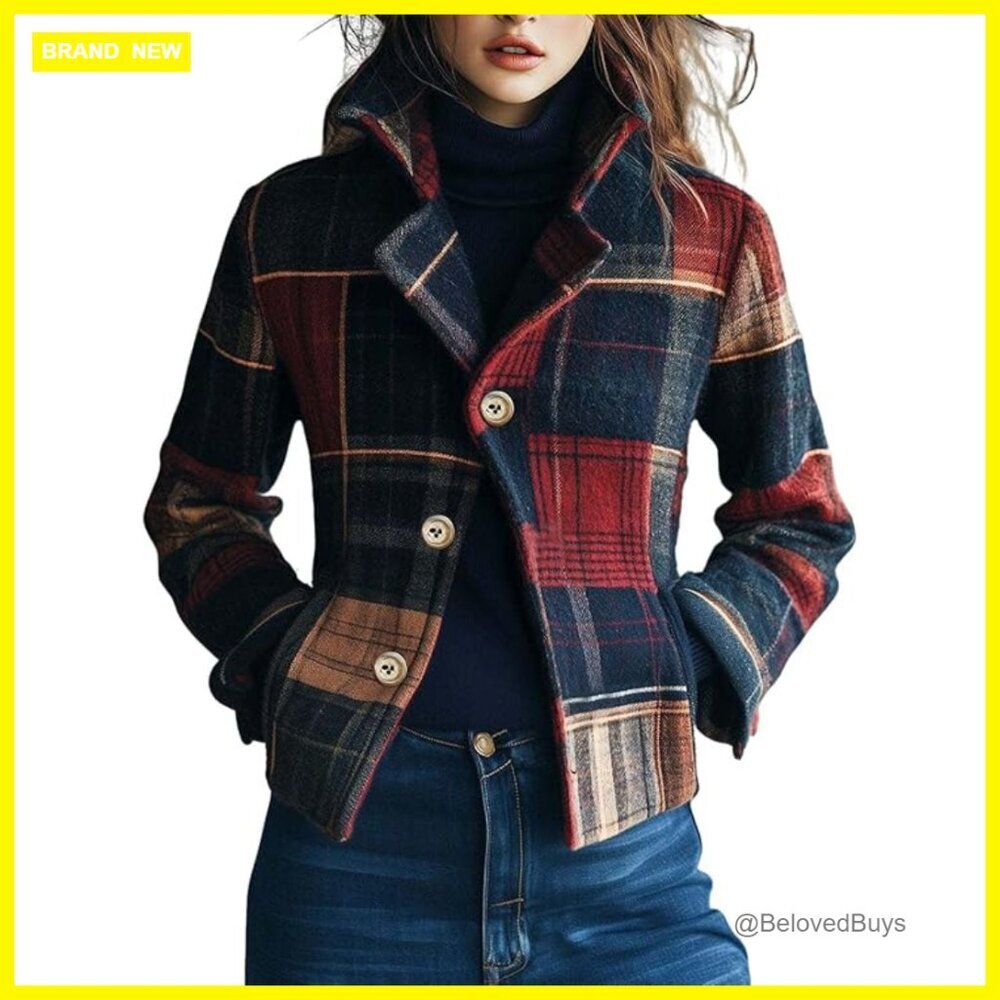 Slim Fit Crop Wool Blend Pea Coat Plaid Blazer Jacket Women's Winter